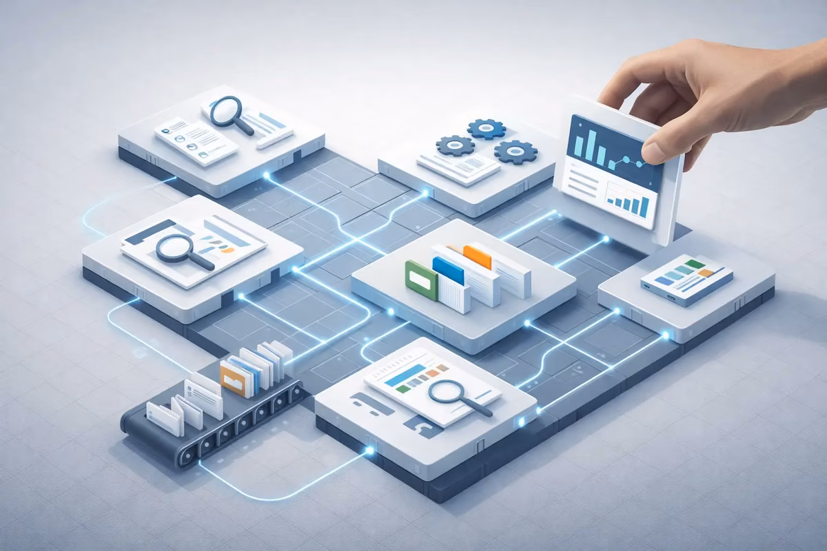 Illustration depicting automated processes and data analysis for SEO tools in an agency setting