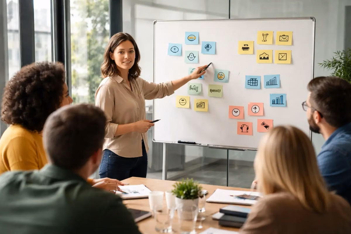 A team workshop discussing best social media monitoring tools using a whiteboard with icons.