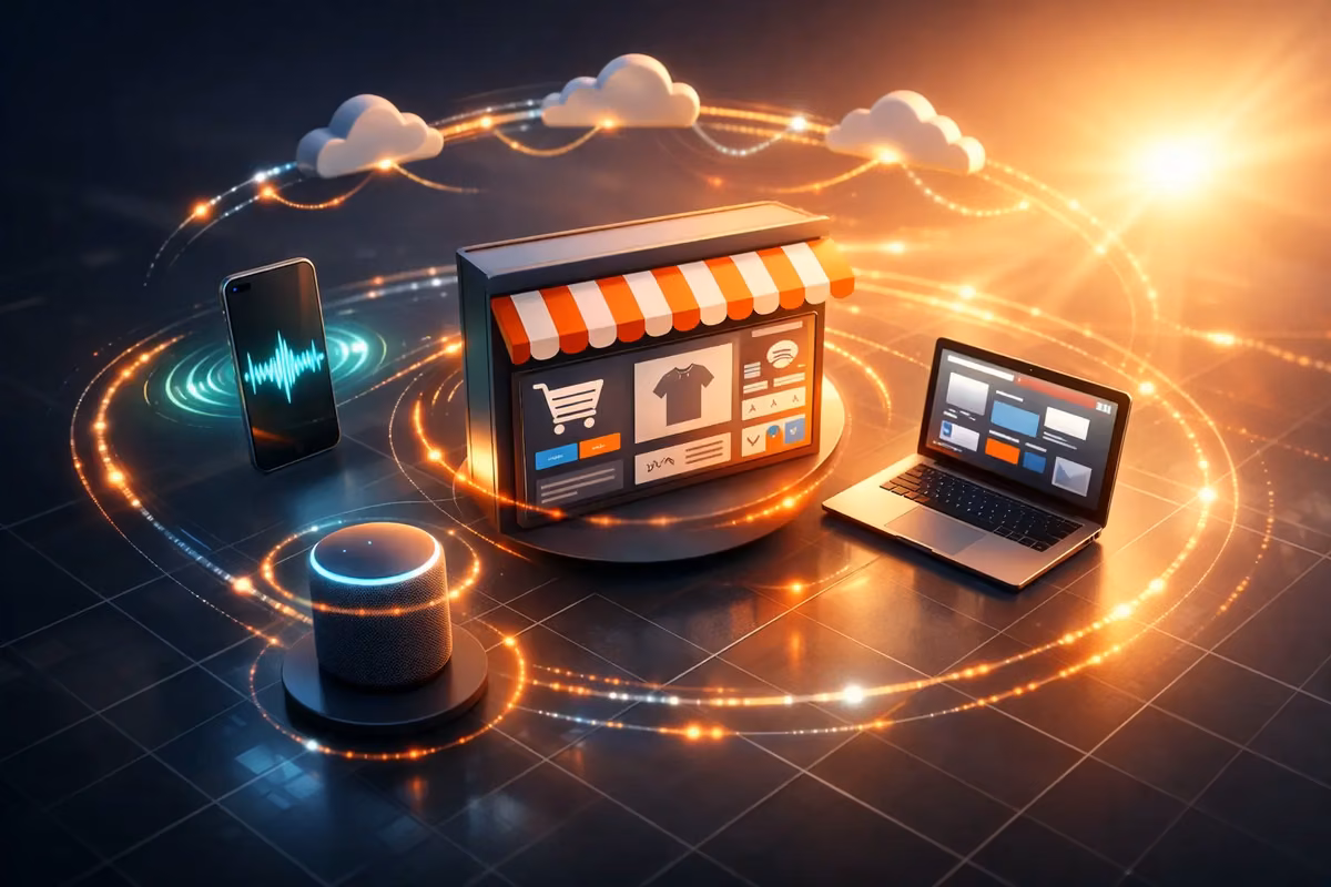 Digital representation of ecommerce SEO services with a laptop, phone, and smart speaker.