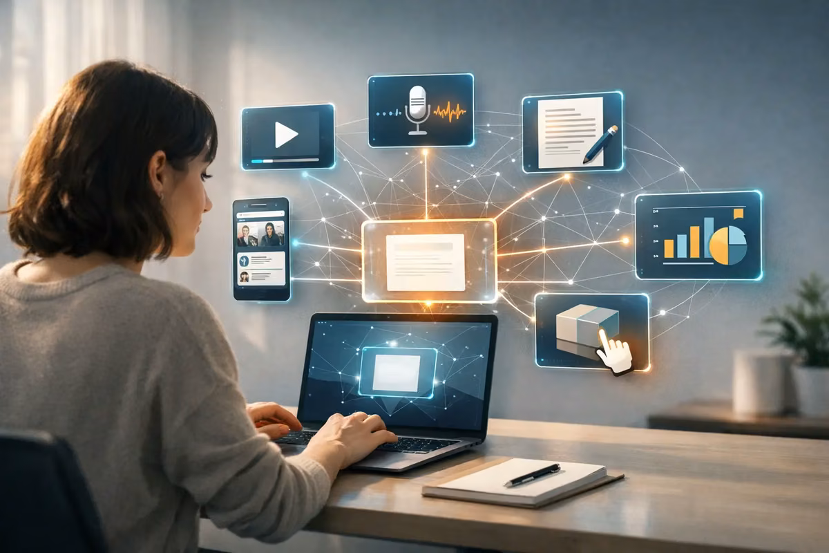 A person at a laptop coordinating digital media on multiple platforms.