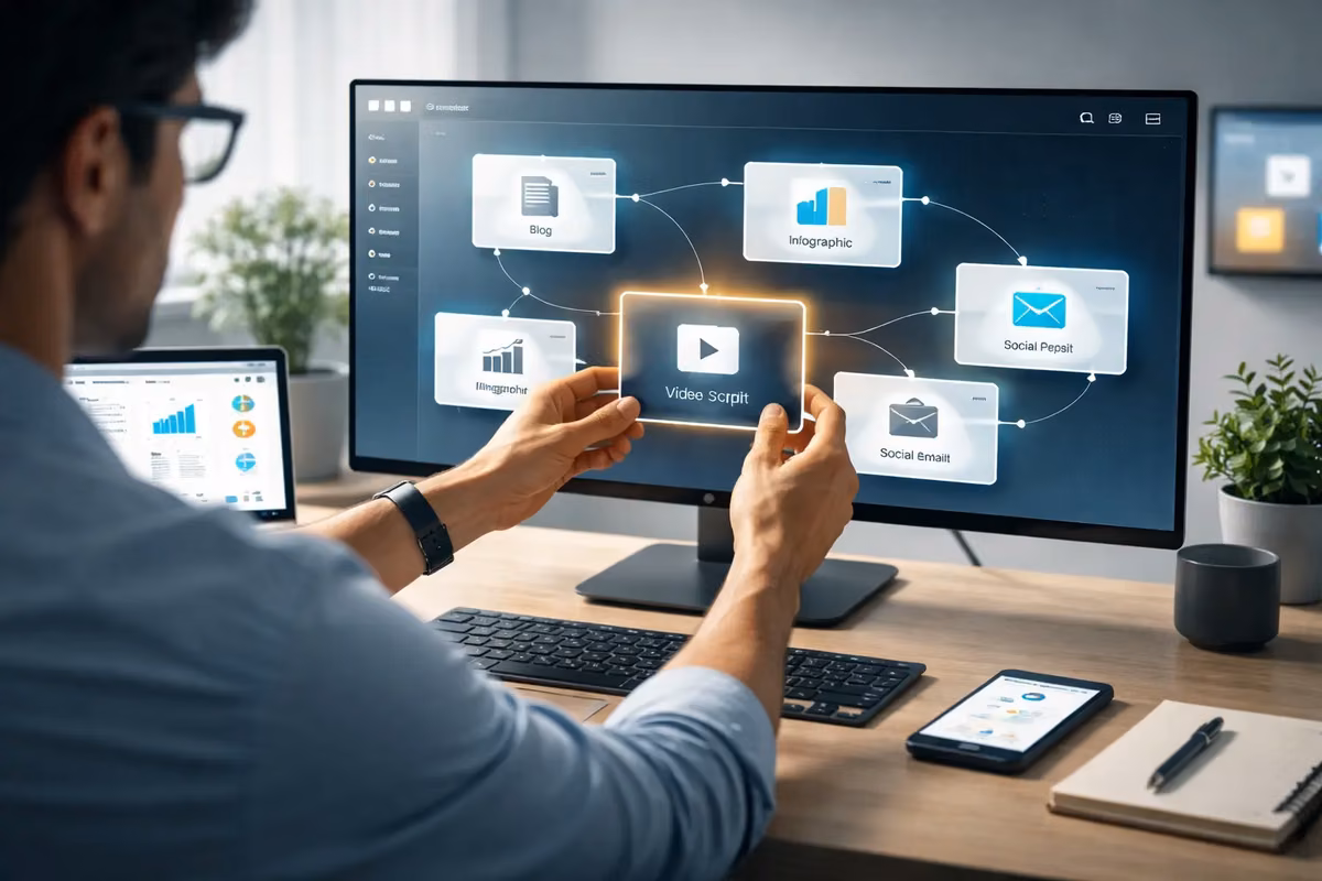 A professional reviewing a content creation workflow diagram on a desktop screen.