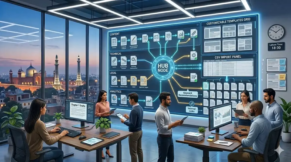 Team collaborating in an office with a digital enterprise SEO tool dashboard.