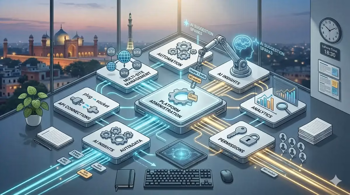 Diagram illustrating components of an enterprise SEO tool, highlighting automation and insights.