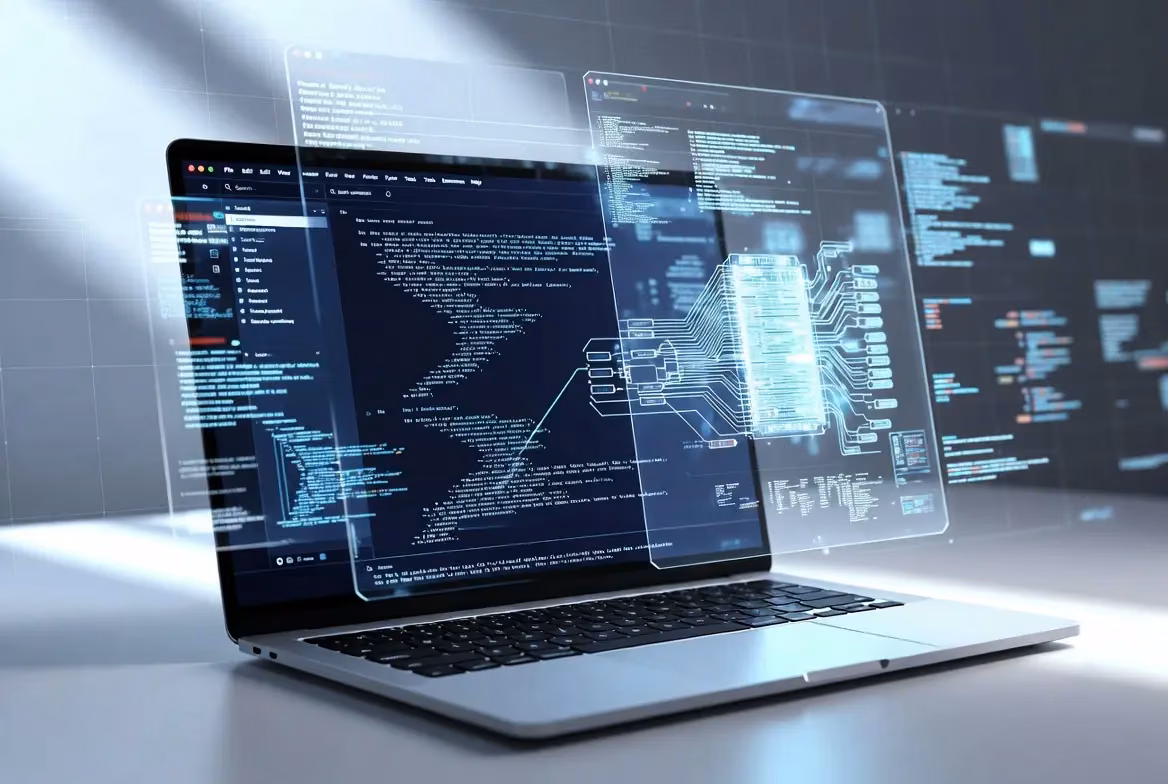 A laptop displaying AI writing generator software interface for creating content.