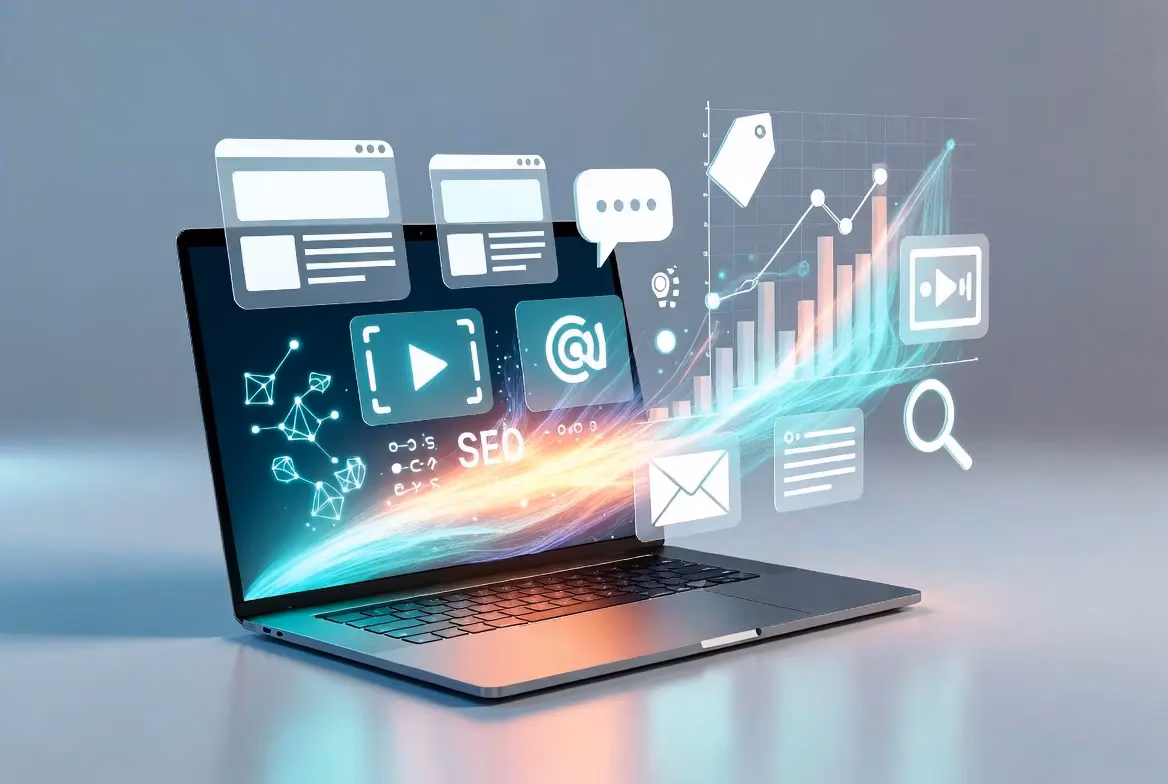 Laptop displaying digital tools and analytics with AI writing and SEO icons.