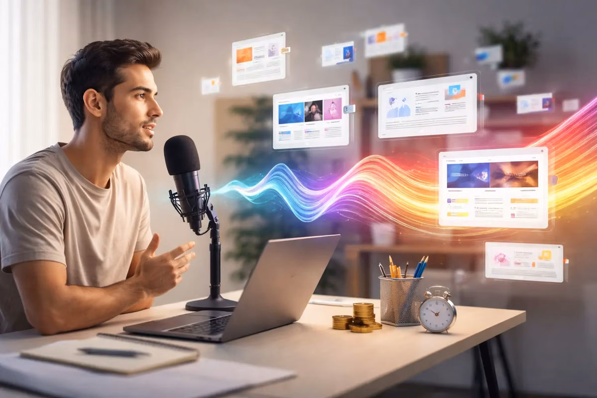 Person using a microphone with digital marketing interfaces illustrating AI powered marketing strategies
