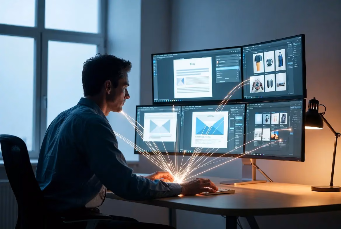 A person working at a multi-monitor setup, representing an AI content writer's workspace.