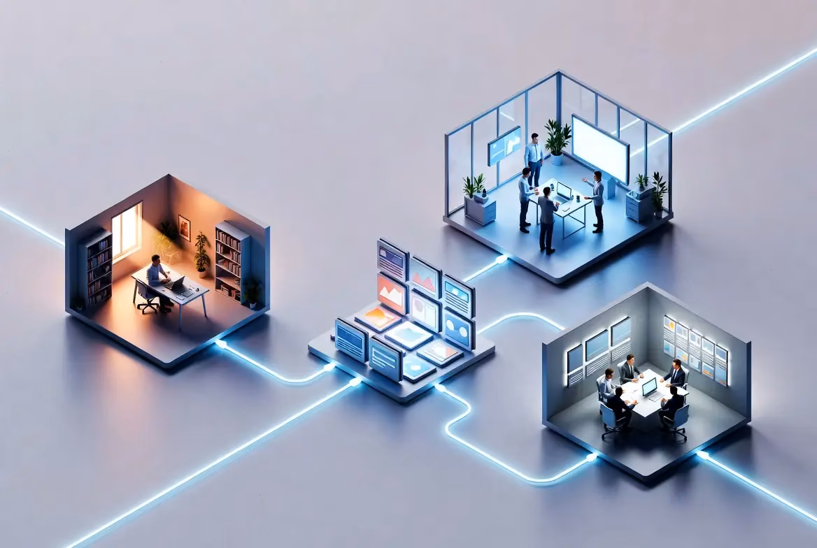 Illustration showing connected workspaces representing AI content writing collaboration.