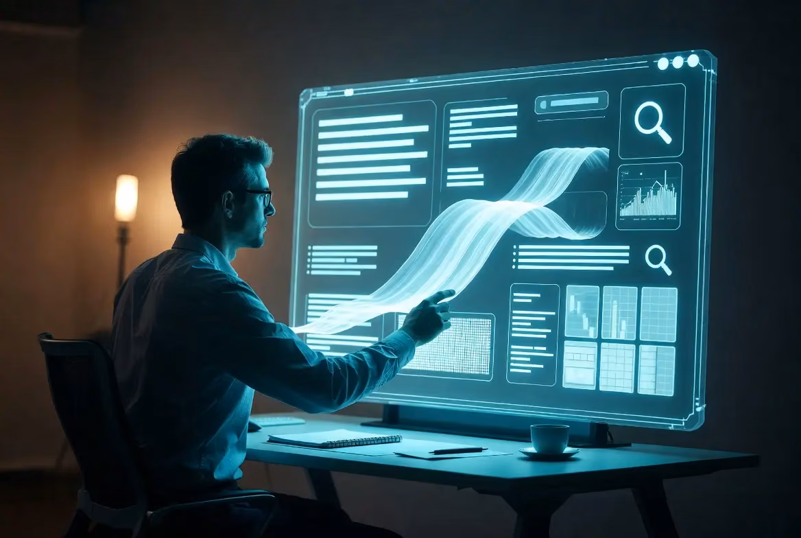 A man interacting with a digital interface displaying data and search icons, symbolizing AI content writing processes.