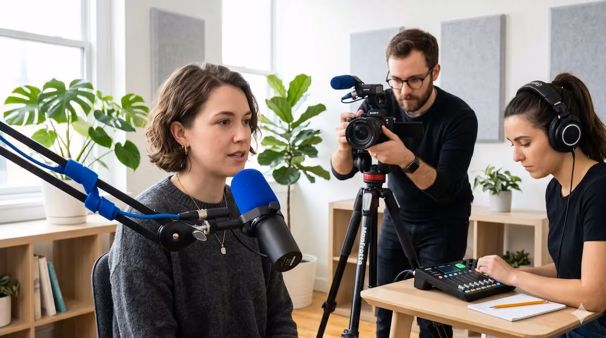 Podcast setup discussing LLM optimization agency strategies