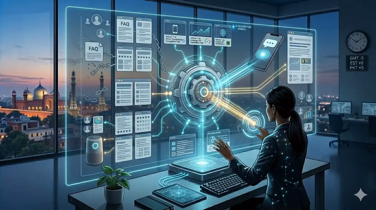 A person interacting with a high-tech digital interface in an office setting.