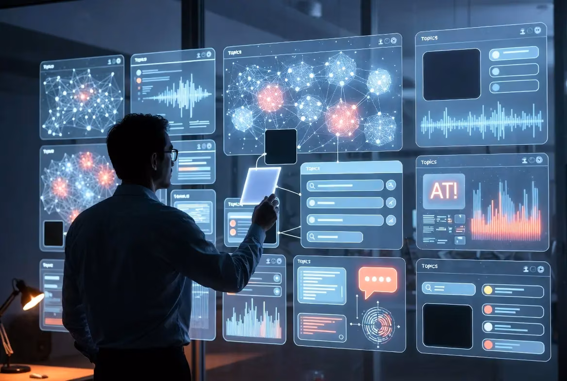 A person analyzing data on a digital dashboard highlighting content gap analysis strategies.