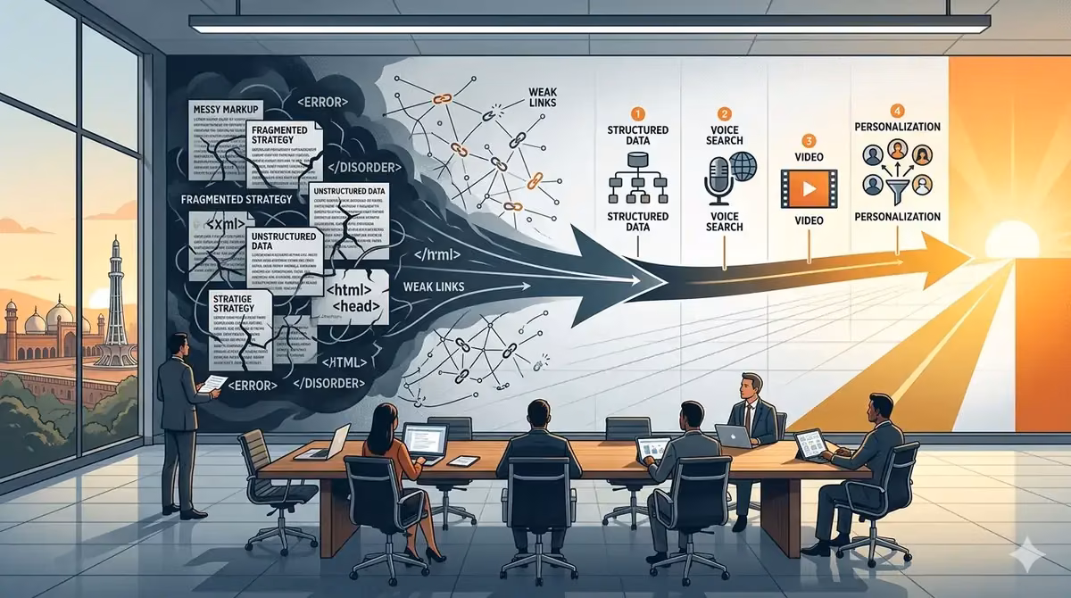 A team discusses SEO strategies with a visual representation of how to rank in Google AI Overviews.