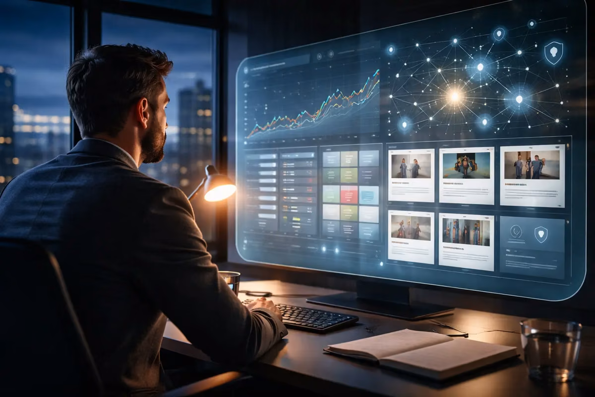 A professional reviewing AI-driven marketing analytics on a large screen.