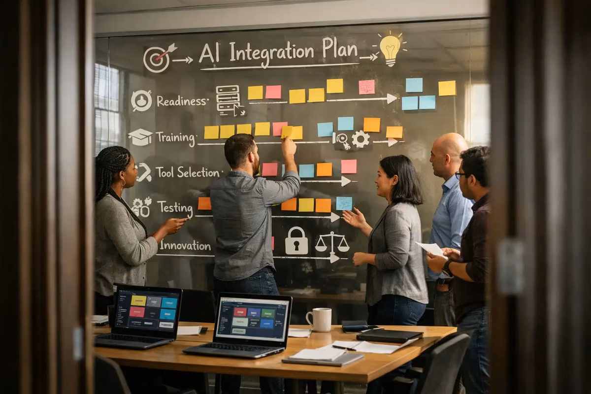 Team working on AI integration plan with steps outlined on a board