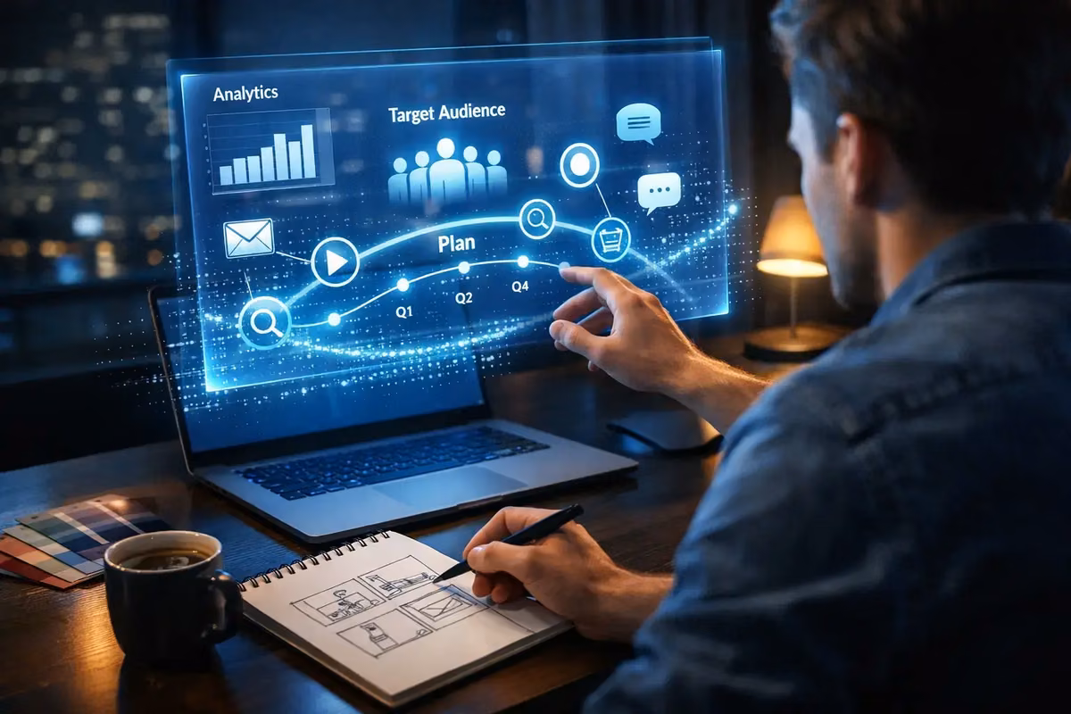 Person using a digital dashboard for a marketing plan generator strategy.