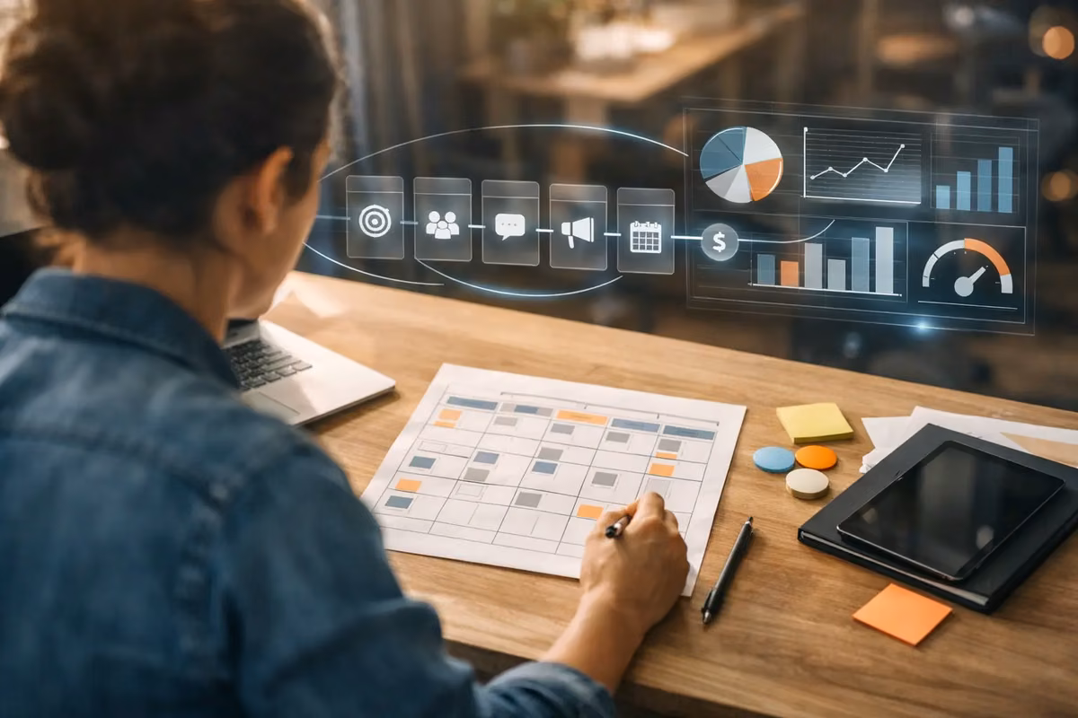 Person planning marketing strategies for small business using a digital calendar and analytics