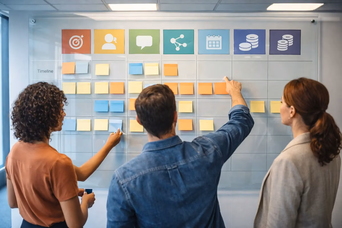A team discussing marketing strategies for small businesses with colorful sticky notes on a board.