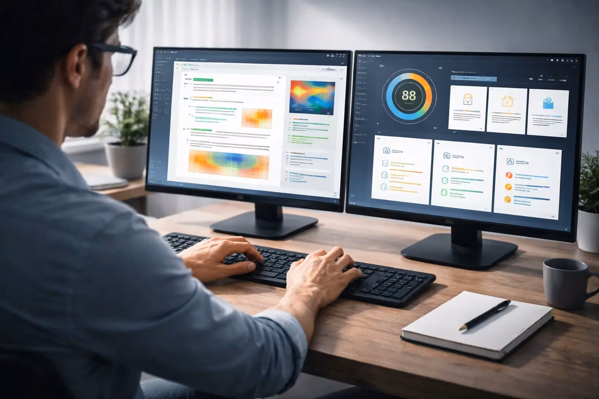Person analyzing SEO tool data on dual computer monitors