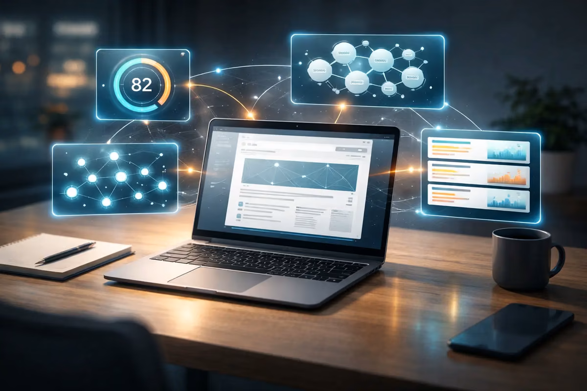 Dashboard showing AI-powered on-page SEO tools with analytics and data visualization.