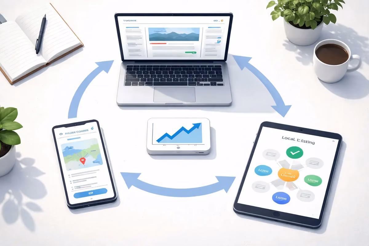 Digital devices showcasing online presence optimization workflow with graphs and listings
