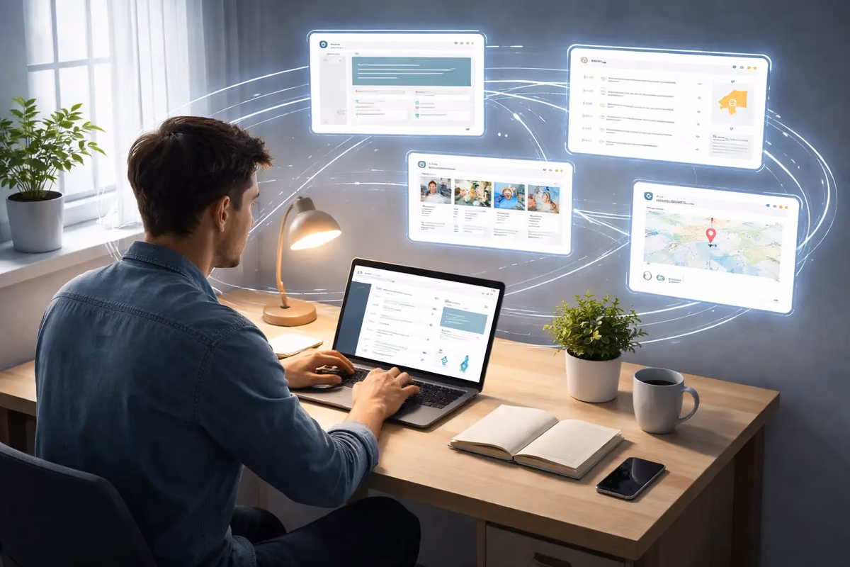 Person using a laptop with digital tools displayed, illustrating online presence optimization.