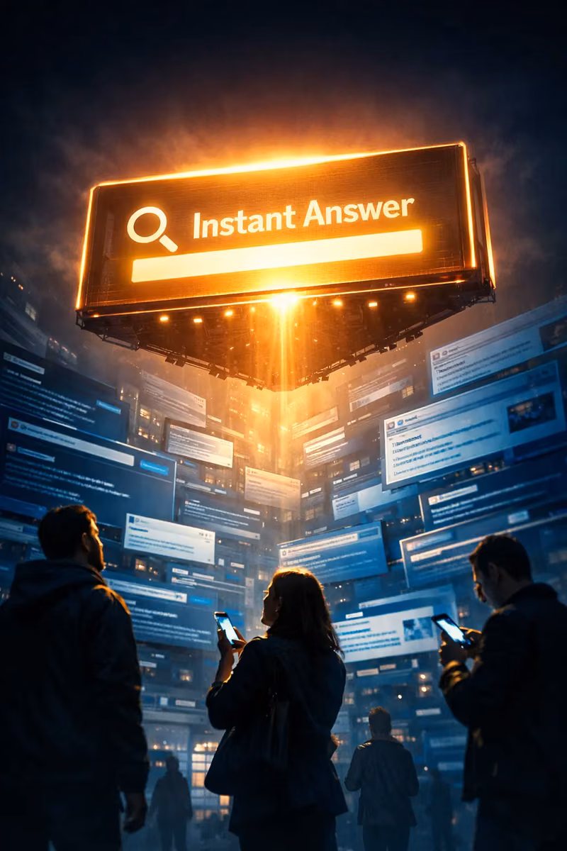 People using smartphones surrounded by glowing digital search results representing featured snippets.