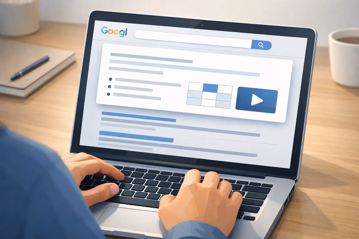 Laptop displaying Google search results with a featured snippet example.