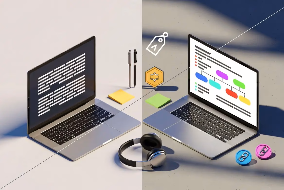Side-by-side comparison of laptops illustrating AI-generated text and content optimization.