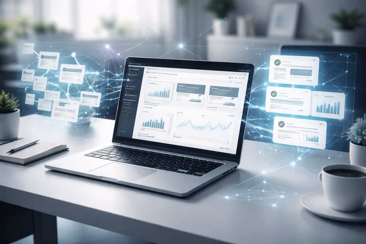Laptop displaying a digital dashboard for SEO content audit analysis