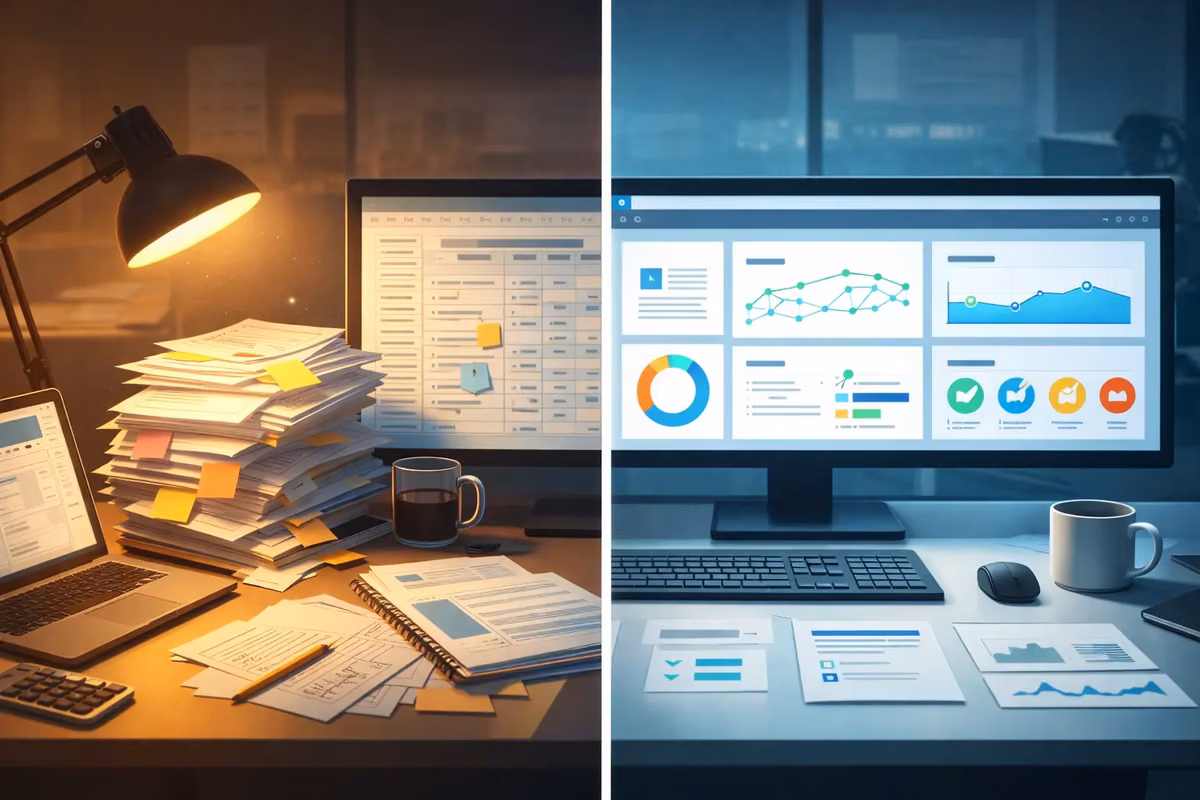 Comparison of traditional vs. AI-powered SEO content audit processes on computer screens