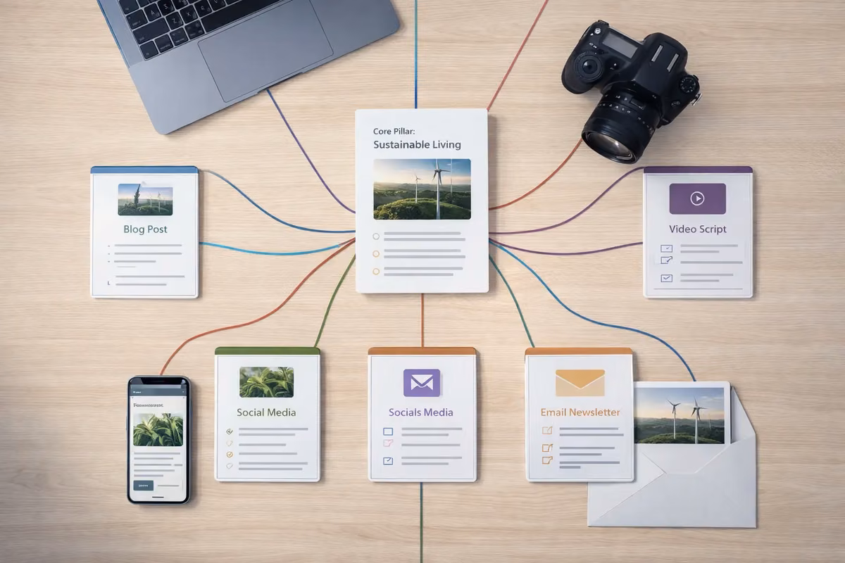 Content creation strategy showcasing multichannel distribution for SEO optimization.