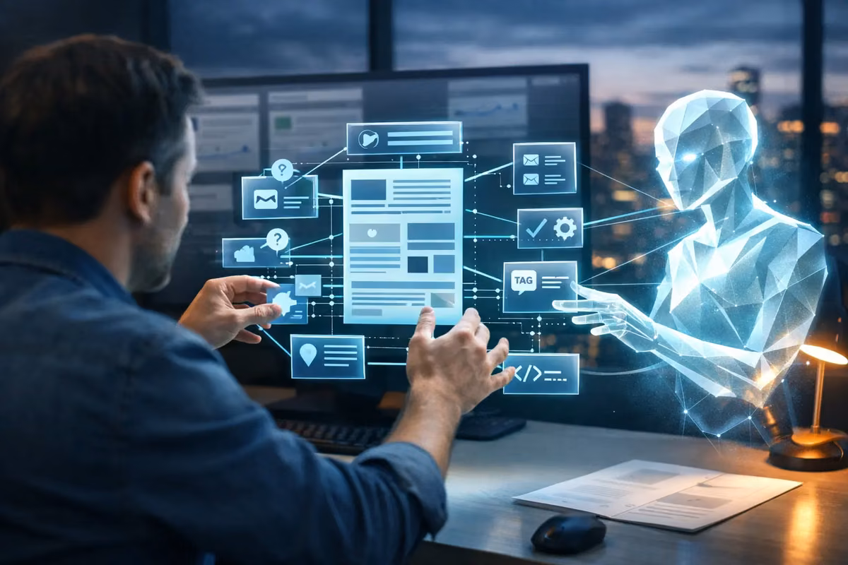 Person interacting with AI interface displaying SEO content elements on a screen.