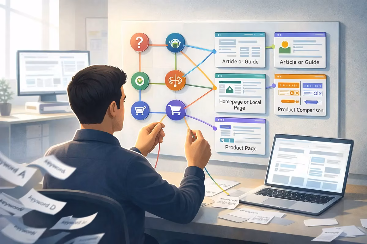 Visual representation of SEO search intent mapping different types of pages to user queries.