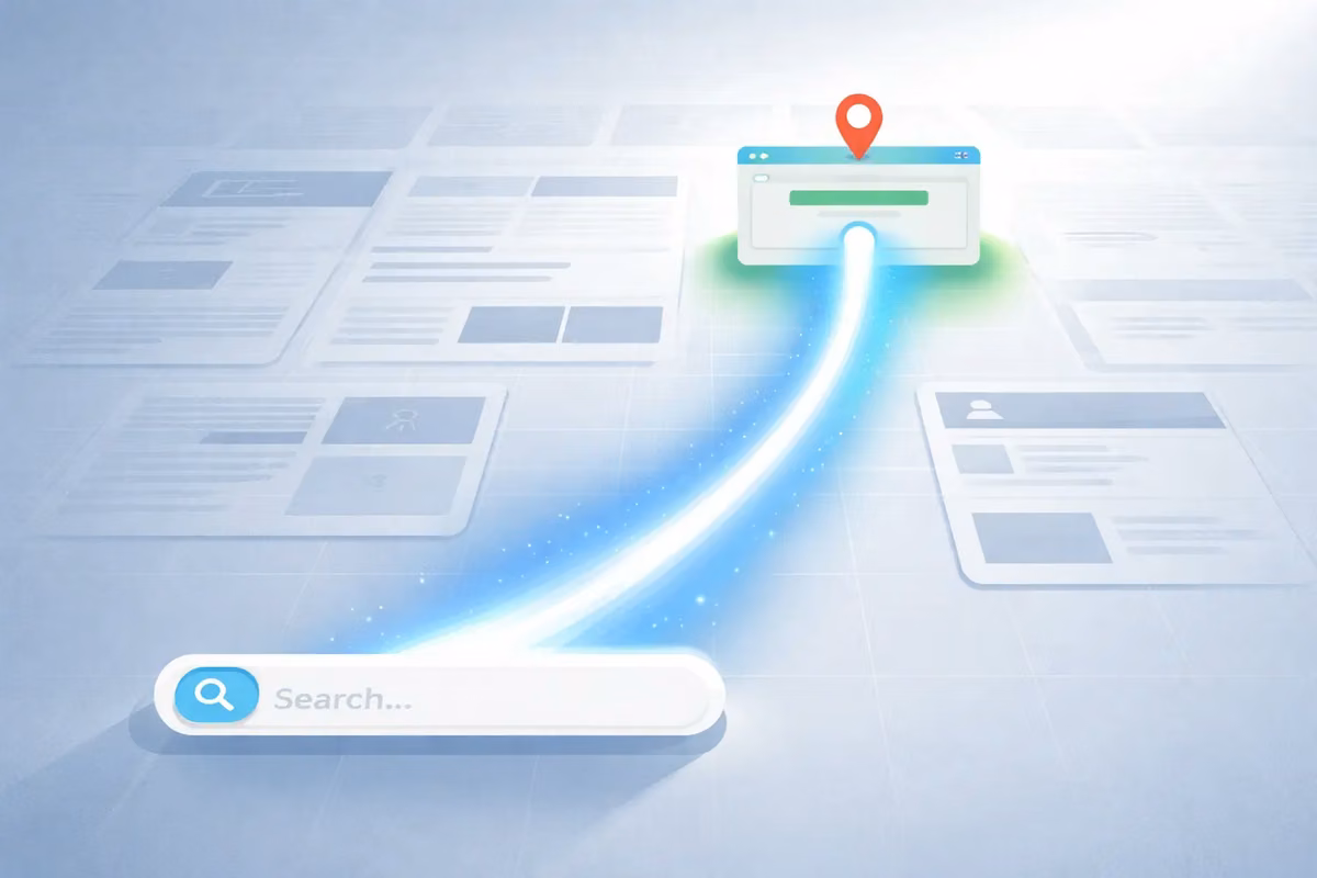 Digital illustration of search intent concept with a search bar and navigation icon.