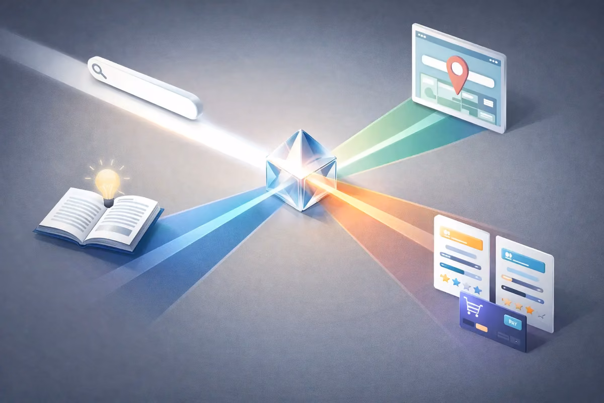 Illustration showing SEO search intent with pathways to information, navigation, and action.