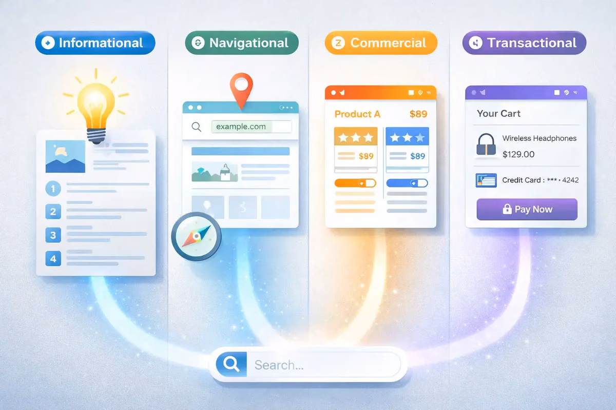 Diagram illustrating four types of SEO search intent: informational, navigational, commercial, and transactional.