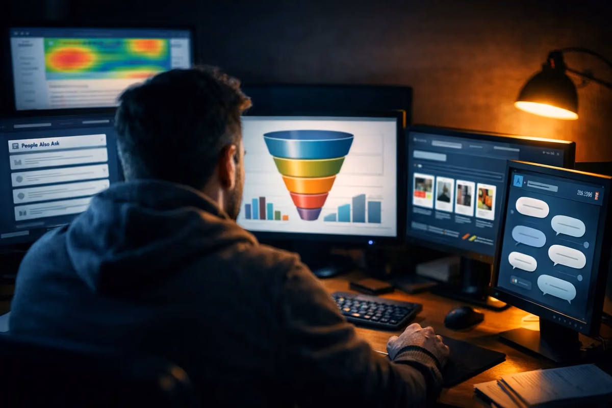 Person analyzing SEO data on multiple screens with funnel and graphs.