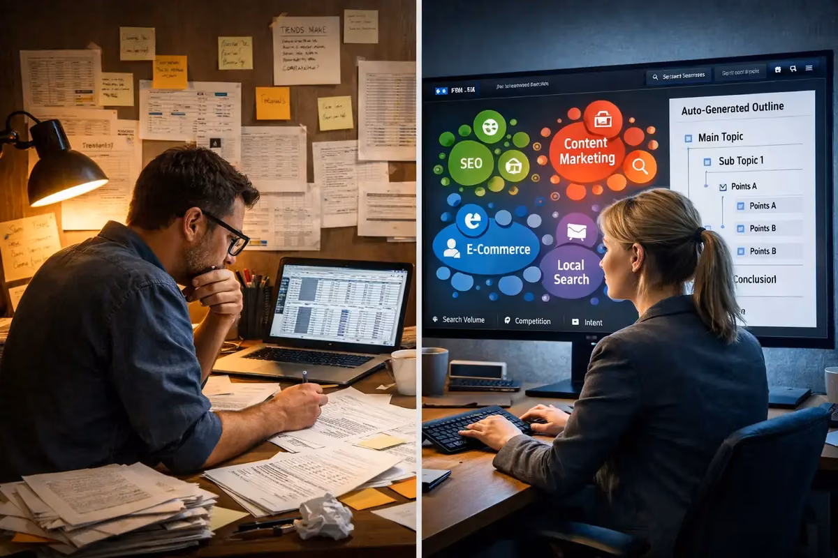 Two professionals working on semantic keyword research and analysis in an office setting.