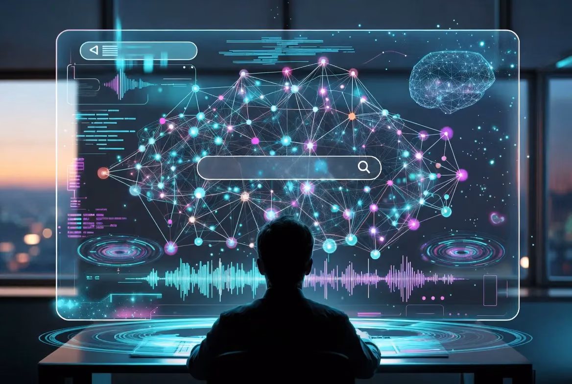 User interacting with an AI interface for semantic keyword research visualization.