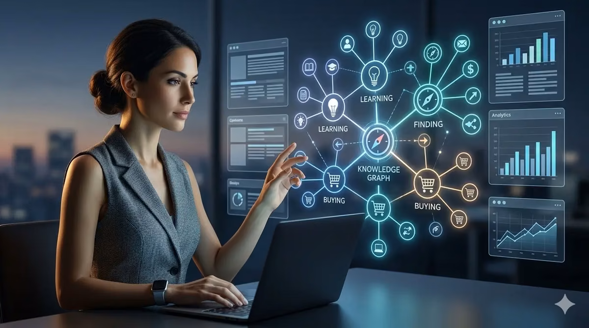 A person interacting with a digital knowledge graph related to semantic SEO concepts.