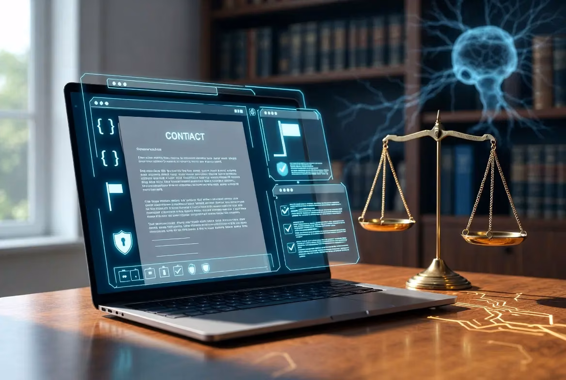 A laptop displaying digital legal documents next to scales of justice symbolizing AI in legal services.