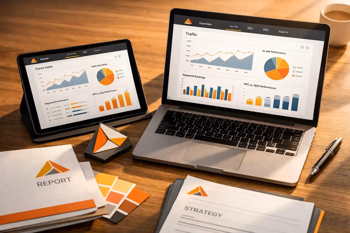 Analytics dashboard displayed on a laptop and tablet for white label SEO software.