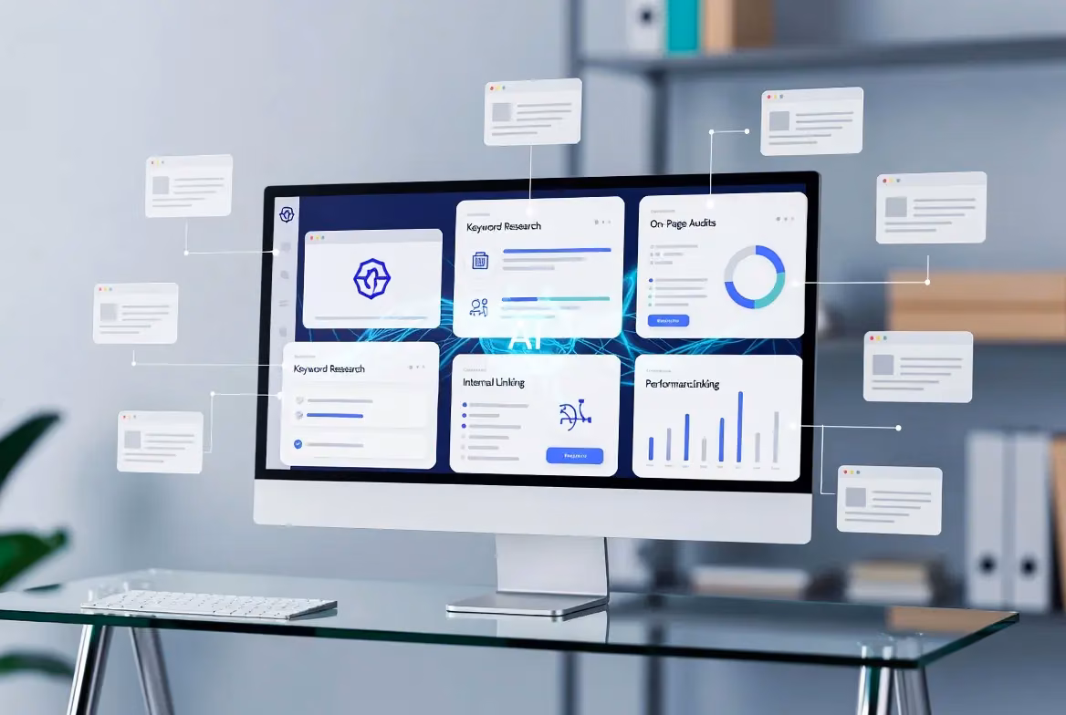 Interactive dashboard showcasing features of white label SEO software on a computer screen.