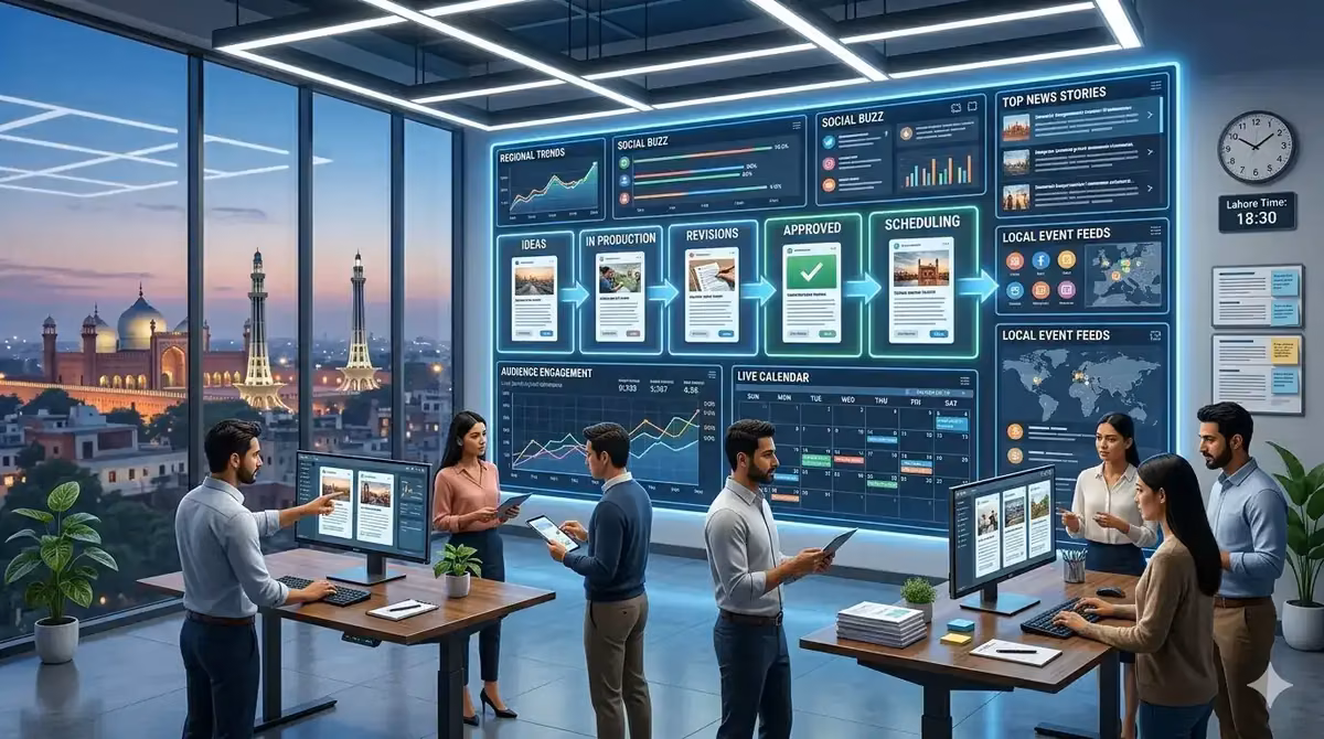 Team collaborating in a modern office with digital content editing screens