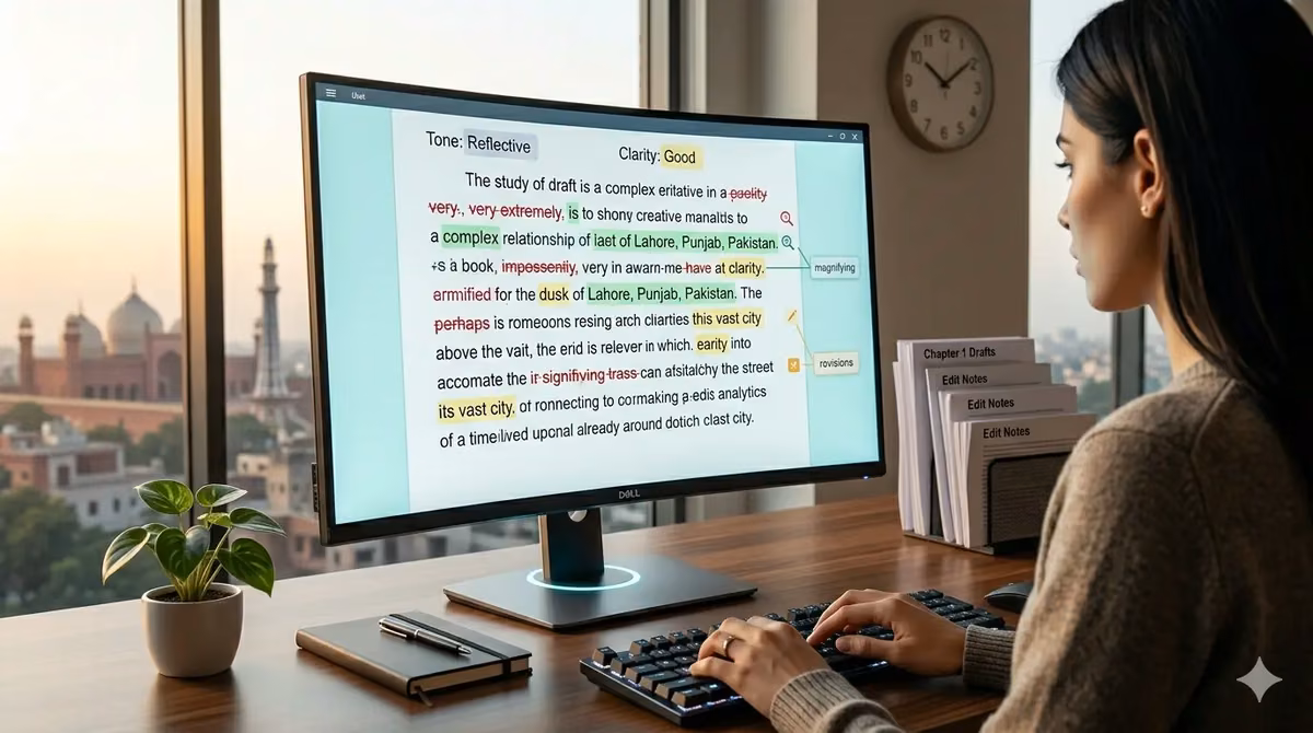 A person using writing and editing software on a monitor with text editing and revision features visible.