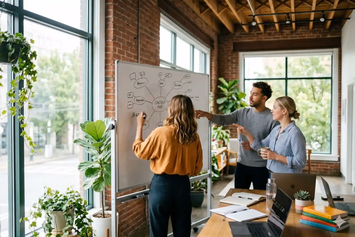 Digital marketing analyst reviewing AI visibility performance metrics on dual monitors in a modern open-plan office