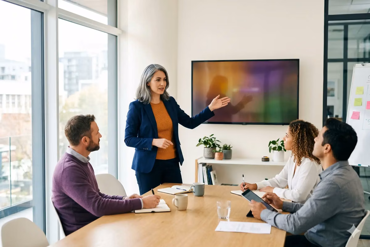 Two marketing professionals collaborating over AI search citation data on a laptop in a bright conference room