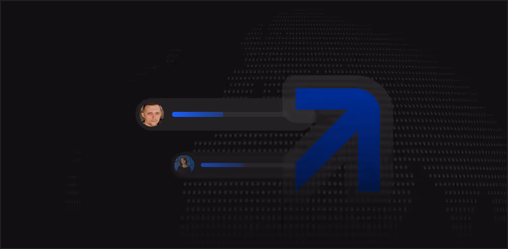 Two user avatars with progress bars pointing to a large blue arrow curving upward and to the right, against a dark digital background.