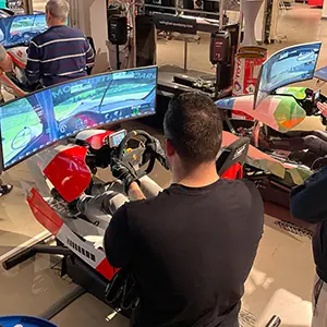 Person playing a racing simulator game using a steering wheel and triple monitors in an arcade setting.